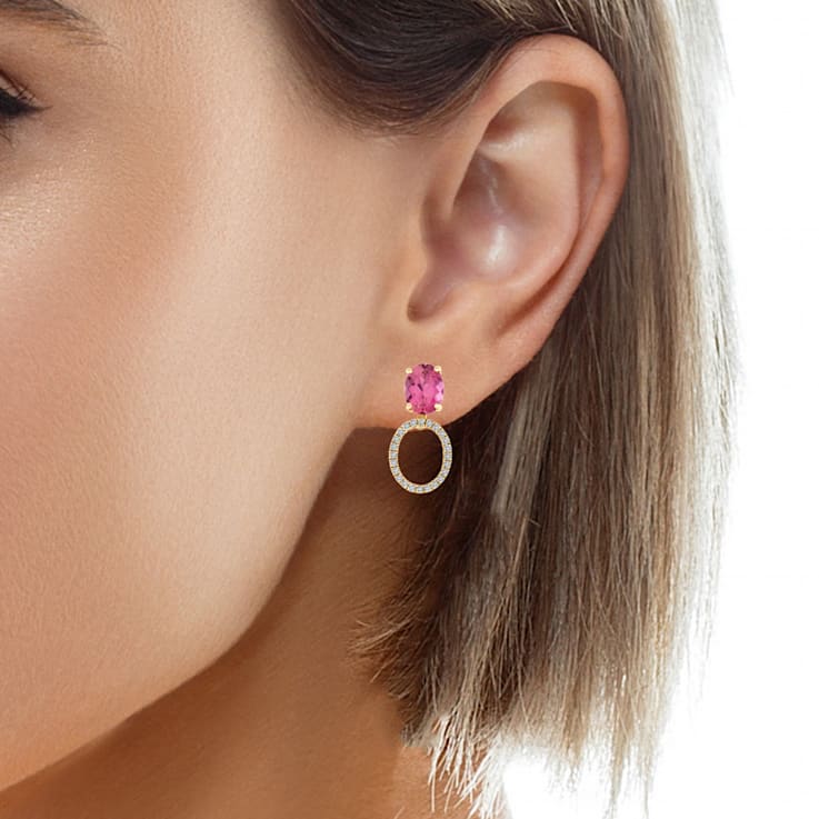 10K Yellow Gold Pink Tourmaline Adjustable Earrings with 0.31 ctw Diamonds