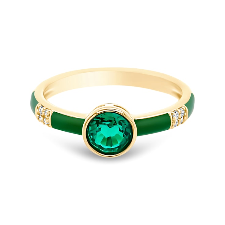 14K Yellow Gold Enamel Ring with  Created Emerald and Diamond