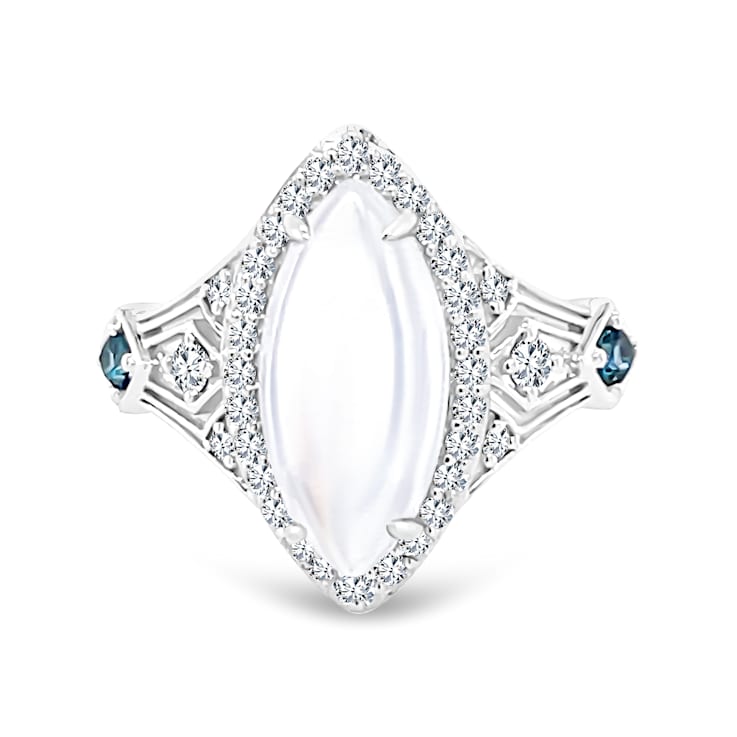 18K White Gold Moonstone, London Blue Topaz, and Diamond Ring 3.70ctw