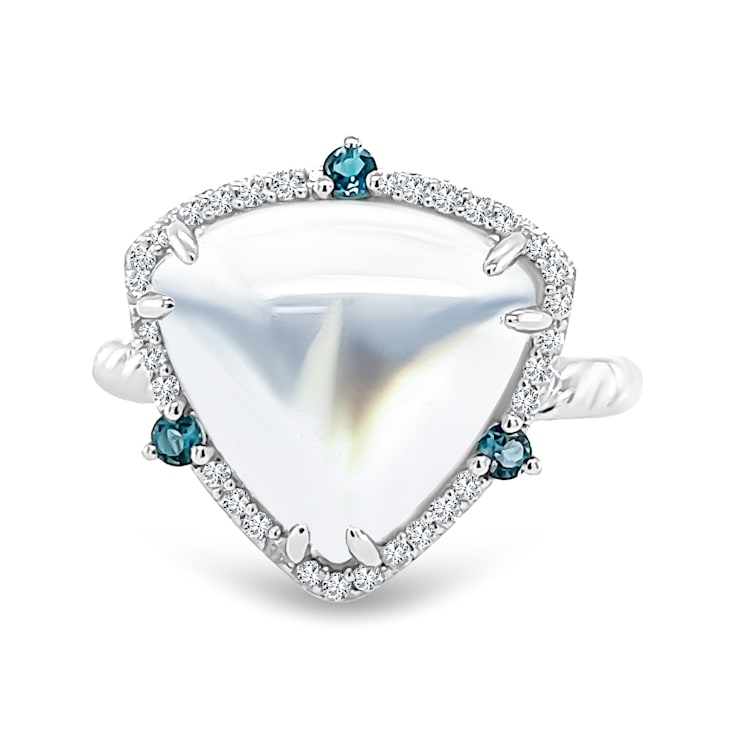 14K White Gold Moonstone, London Blue Topaz and Diamond Ring 6.84ctw