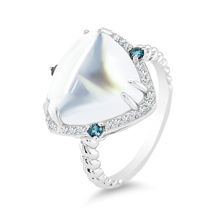 14K White Gold Moonstone, London Blue Topaz and Diamond Ring 6.84ctw