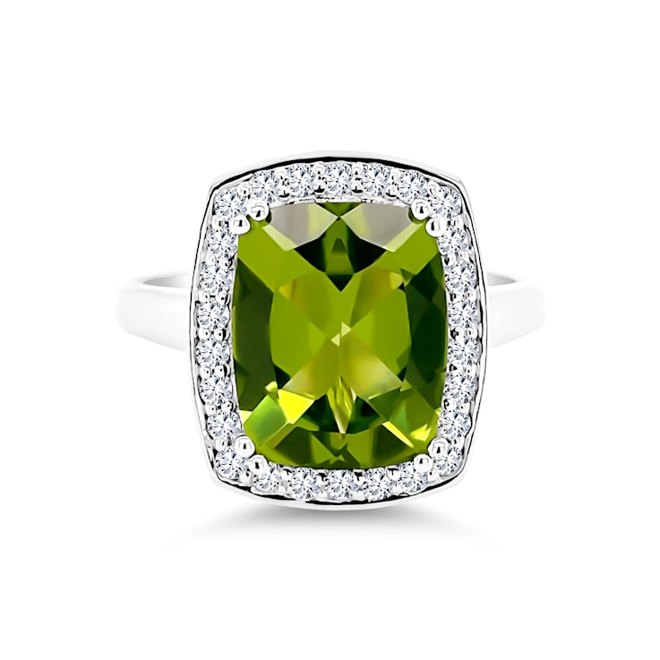14K Rhodium Over White Gold Cushion Peridot and Diamond Ring 4.22ctw