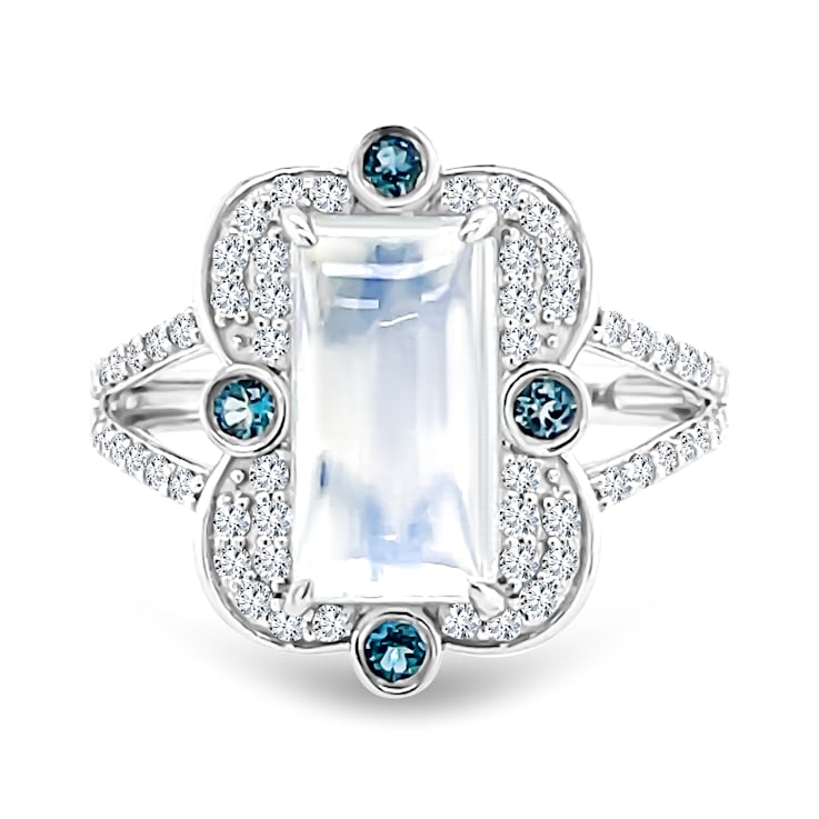 18K White Gold Moonstone, London Blue Topaz, and Diamond Ring 4.97ctw