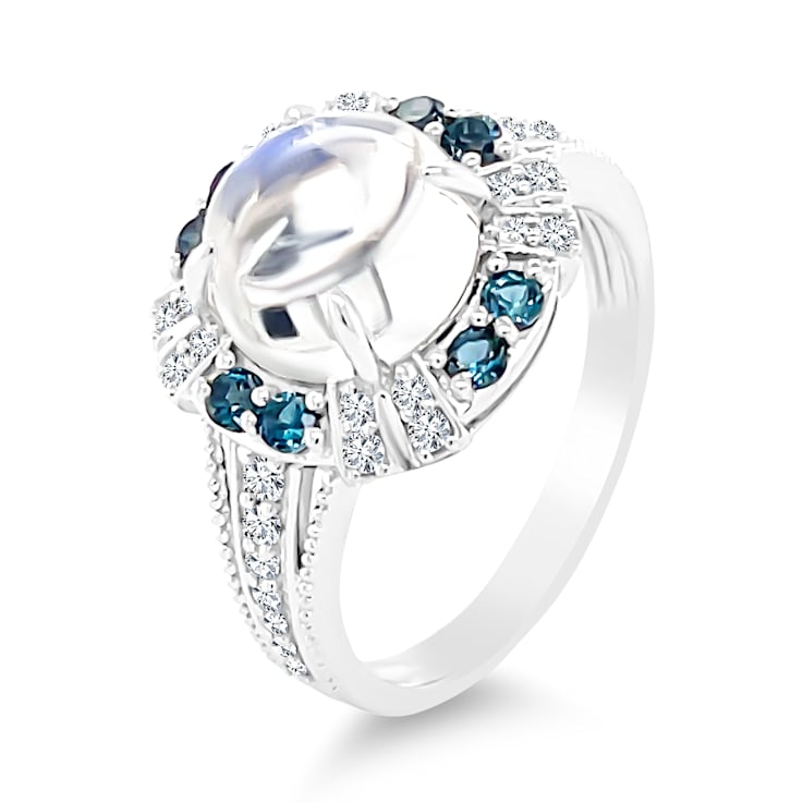 18K White Gold Moonstone, London Blue Topaz, and Diamond Ring 3.71ctw