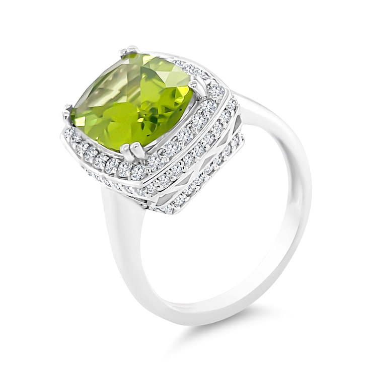 14K Rhodium Over White Gold Cushion Peridot and Diamond Ring 4.22ctw