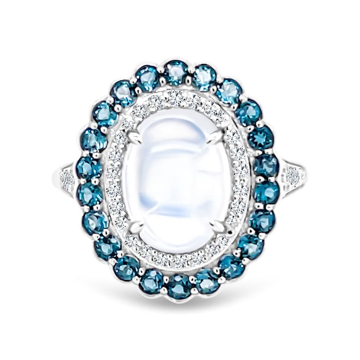 18K White Gold Moonstone London Blue Topaz and Diamond Ring 4.29ctw 1GPXXA