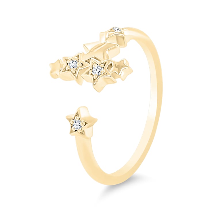 White Sapphire Star Design Chain Link Ring, Yellow Gold Plated Sterling Silver