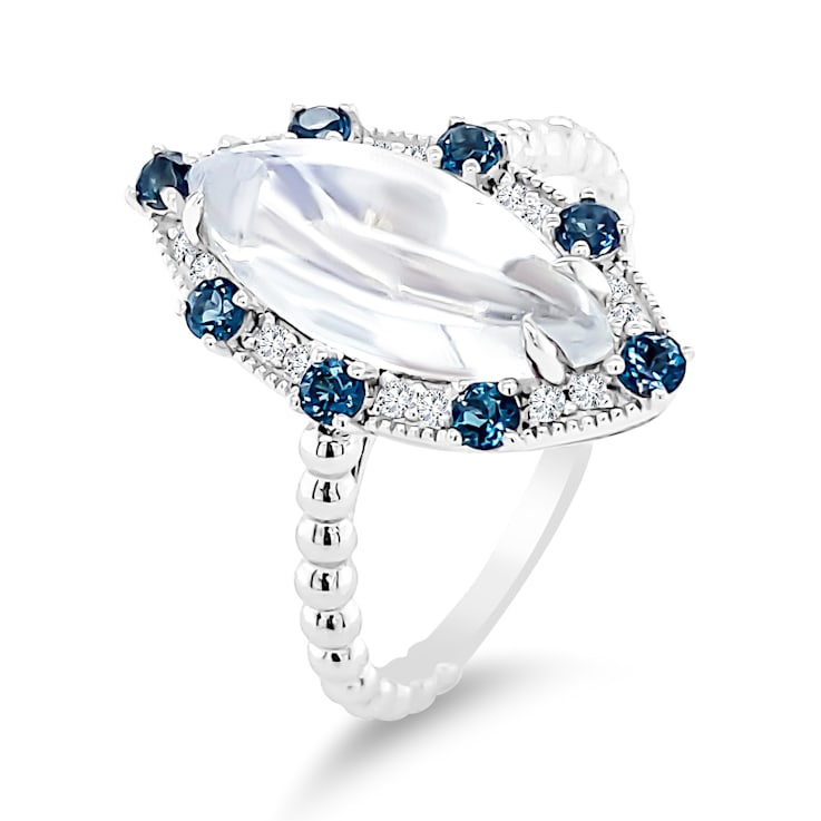 18K White Gold Moonstone, London Blue Topaz, and Diamond Ring 3.22ctw