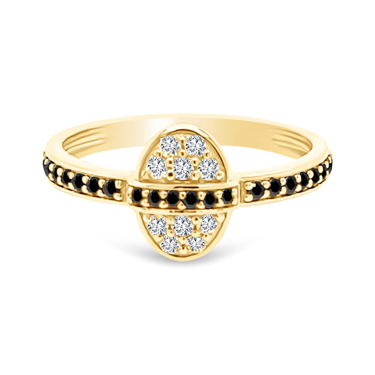 18K Yellow Gold Ring with Black and White Diamonds in Oval Shape