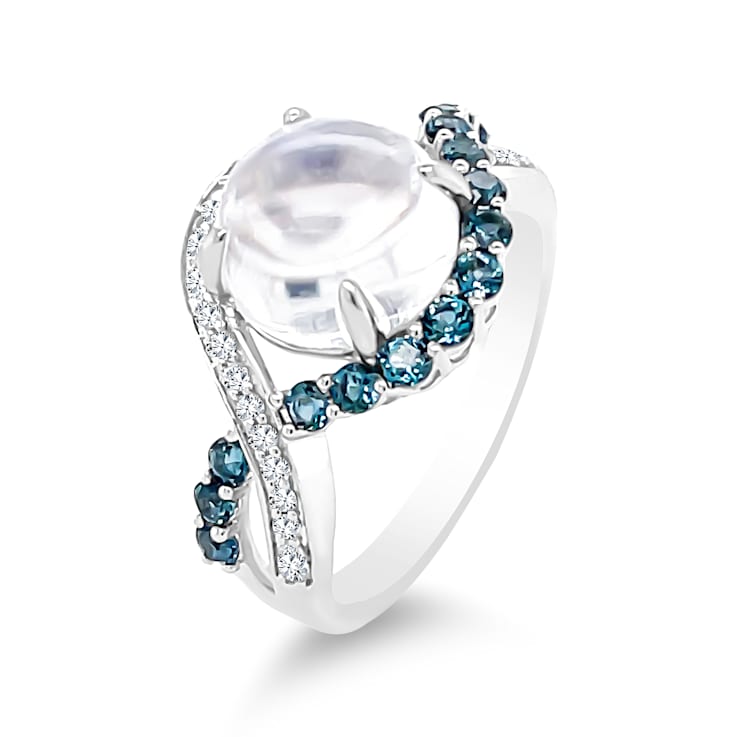 18K White Gold Moonstone, London Blue Topaz, and Diamond Ring 4.36ctw