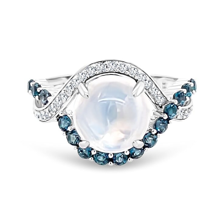 18K White Gold Moonstone, London Blue Topaz, and Diamond Ring 4.36ctw
