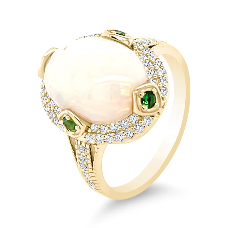 18K Yellow Gold Ethiopian Opal, Tsavorite, and Diamond Ring 3.83ctw
