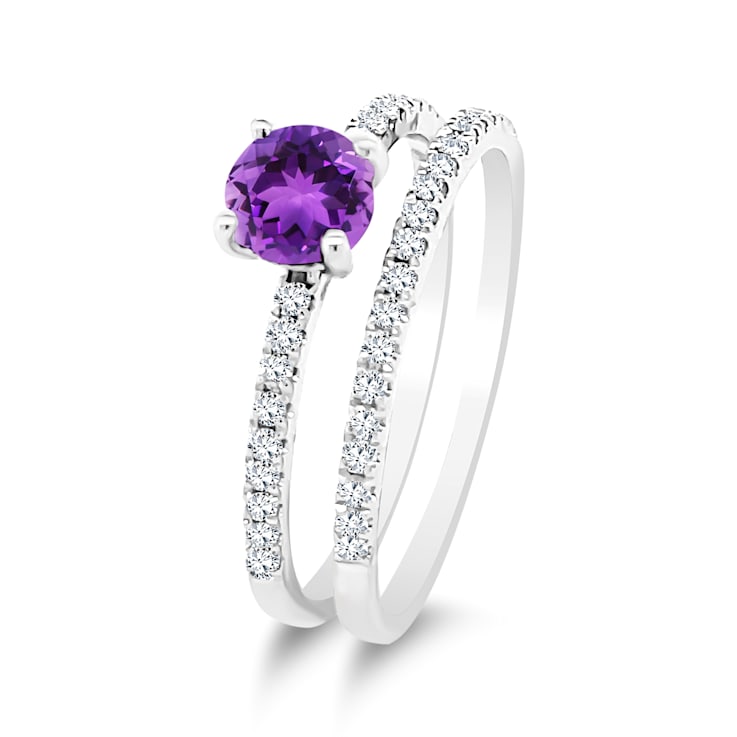 14K White Gold Amethyst and Diamond Ring Set .71ctw