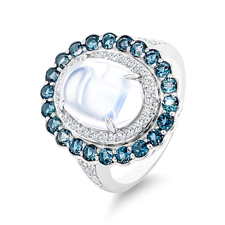 18K White Gold Moonstone, London Blue Topaz, and Diamond Ring 4.29ctw