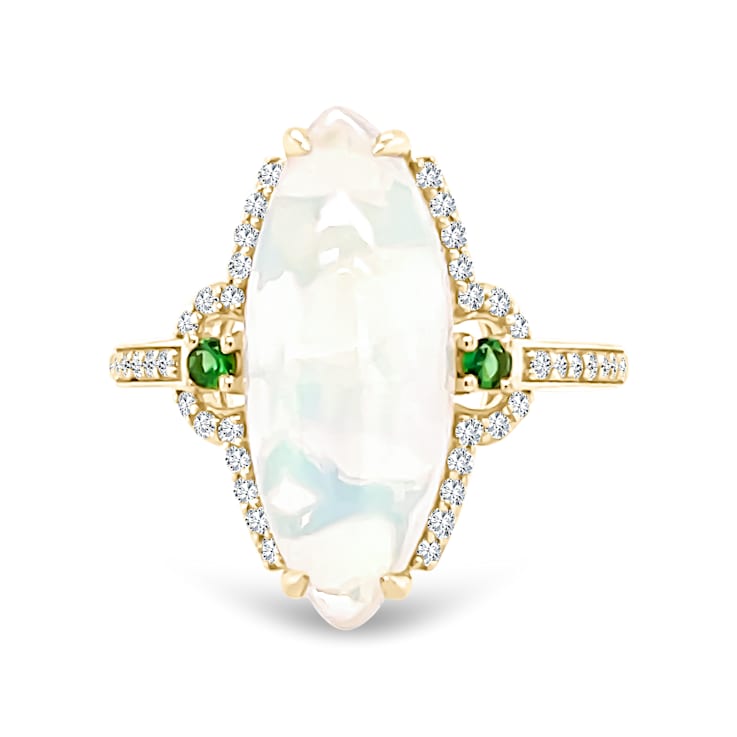 18K Yellow Gold Ethiopian Opal, Tsavorite, and Diamond Ring 4.43ctw