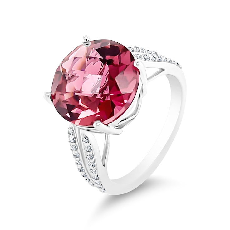 14K Rhodium Over White Gold Round Pink Tourmaline and Round Diamond Ring 6.64ctw