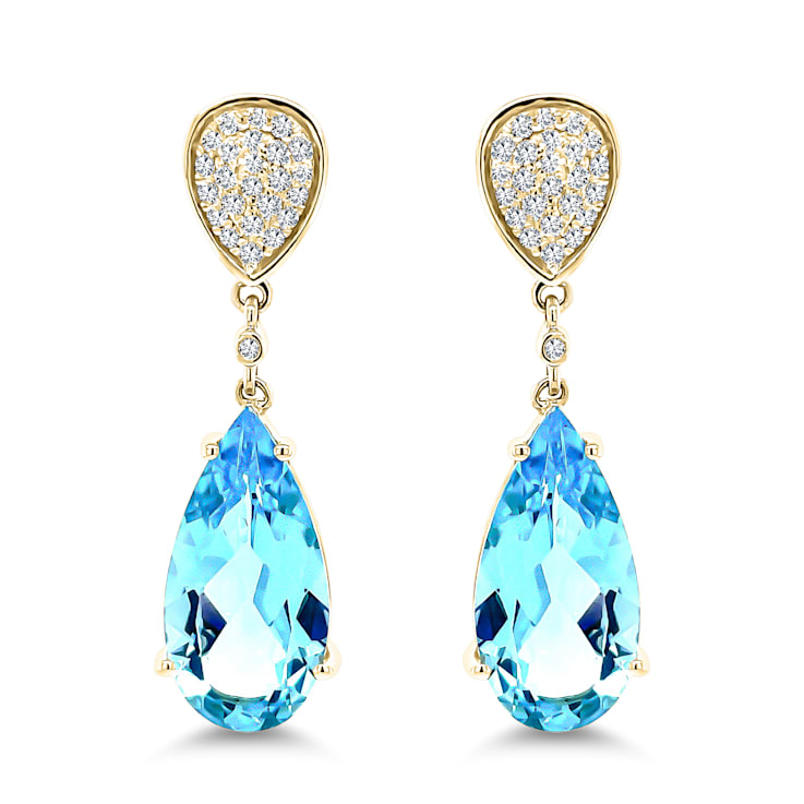 14K Yellow Gold Blue Topaz and White Diamond Earrings