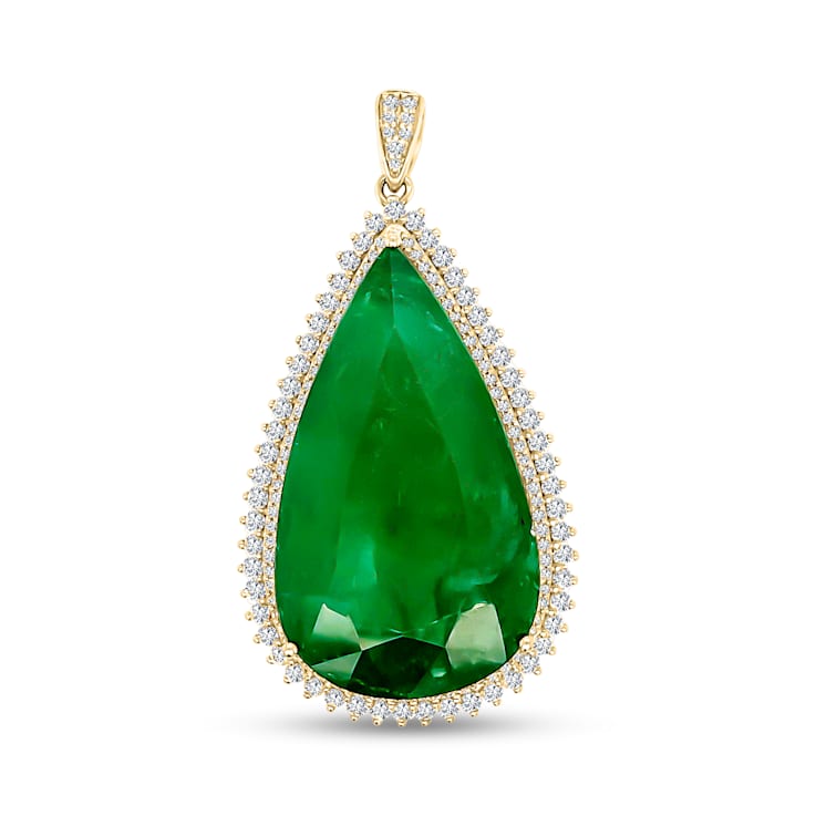 14K Yellow Gold Pear Shape Emerald and Round Diamond Pendant 47.27ctw