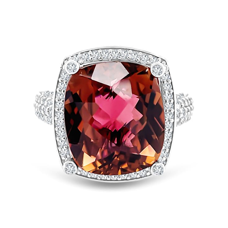 14K Rhodium Over White Gold Cushion Pink Tourmaline and Round Diamond
Ring 8.02ctw