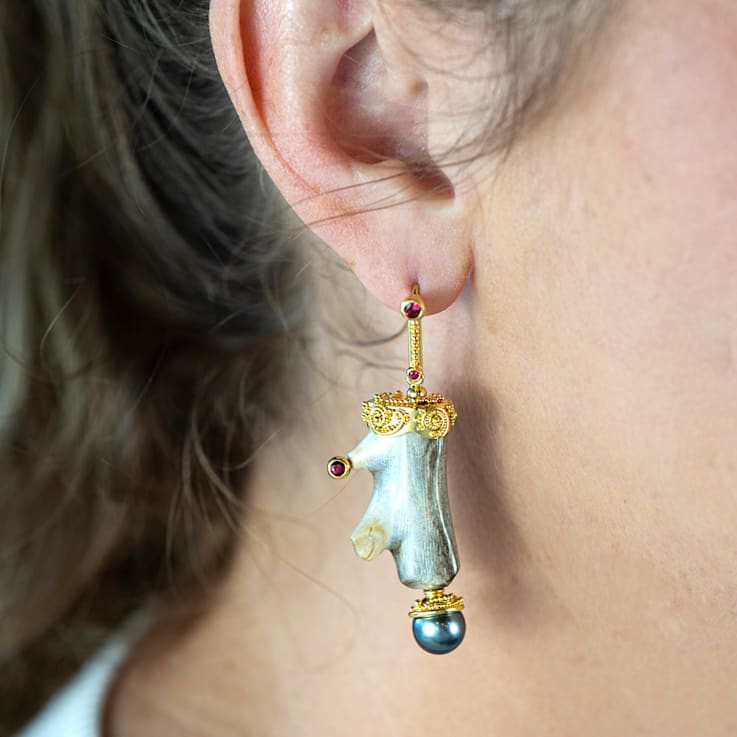 Classic Collection Earrings in 22kt & 18kt gold set with Fossilized
Coral, Pearls and Spinels
