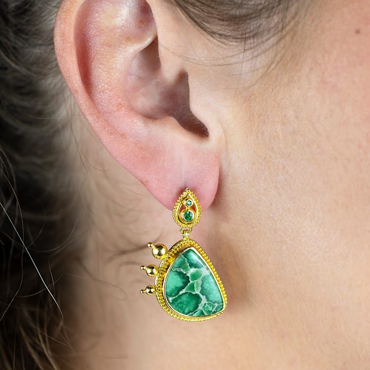 Classic Collection Earrings in 22kt & 18kt gold set with Variscite
and Tsavorite Garnets