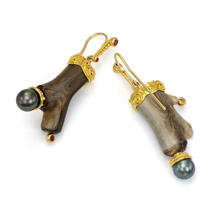 Classic Collection Earrings in 22kt & 18kt gold set with Fossilized
Coral, Pearls and Spinels