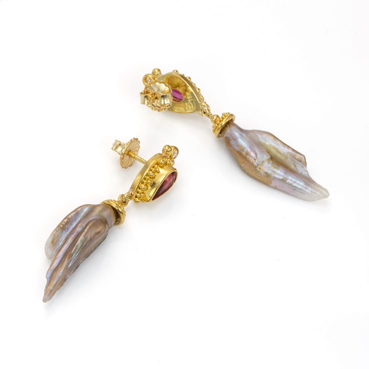 Classic Collection Earrings in 22kt & 18kt gold set with
Tourmalines, Pearls and Diamonds