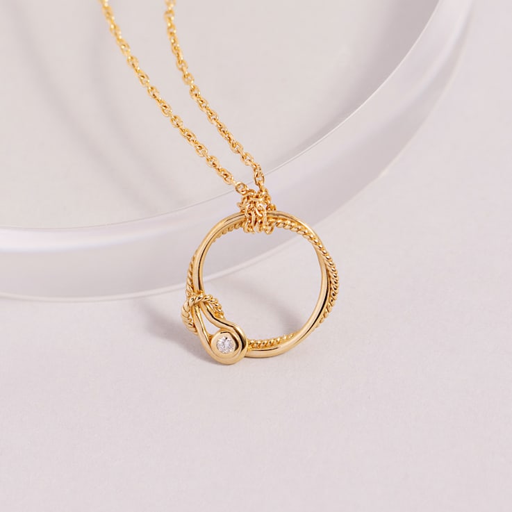 14k Gold Italian Cable L'Infinito Knot Diamond Circle Pendant