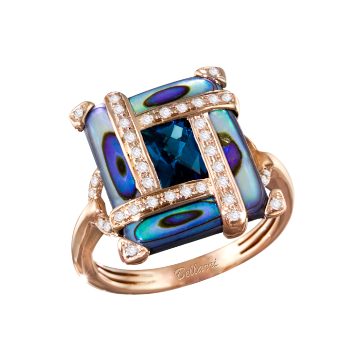 BELLARRI 14kt Rose Gold Abalone and London Blue Topaz  Ring from the
Anastasia Collection