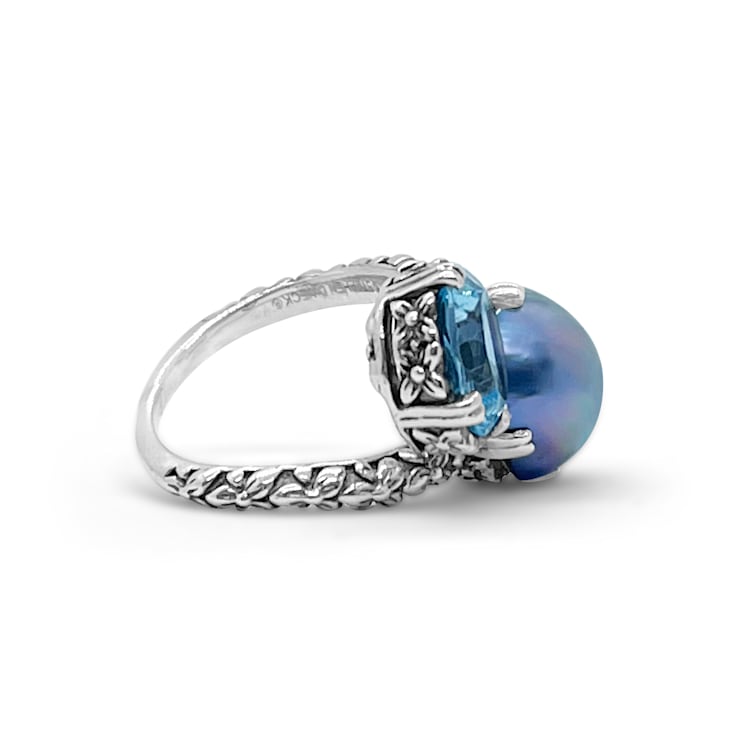 Stephen Dweck Pearl and Faceted Sky Blue Topaz Ring in Sterling Silver