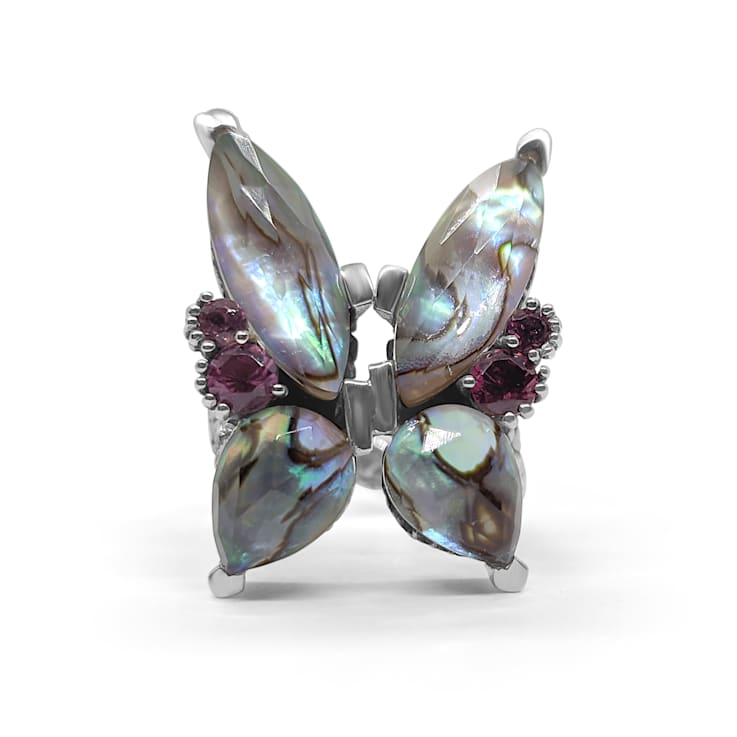 Stephen Dweck Faceted Quartz Abalone and Rhodolite Garnet Butterfly Ring in  Sterling Silver