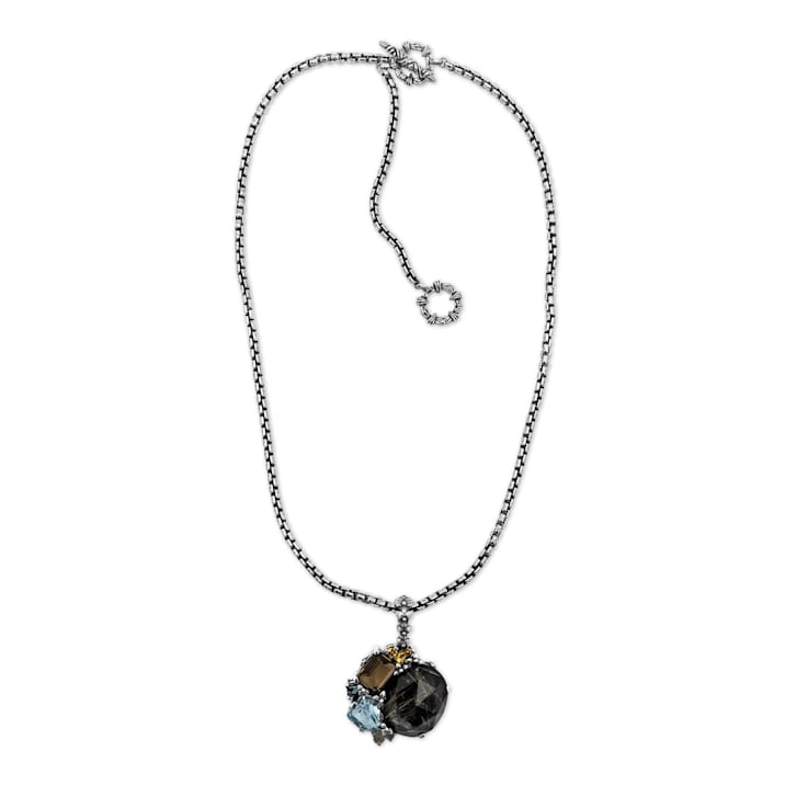 Stephen Dweck Sterling Silver Flower Pendant, Rutiliated Quartz,
Hematite, Citrine, Moonstone