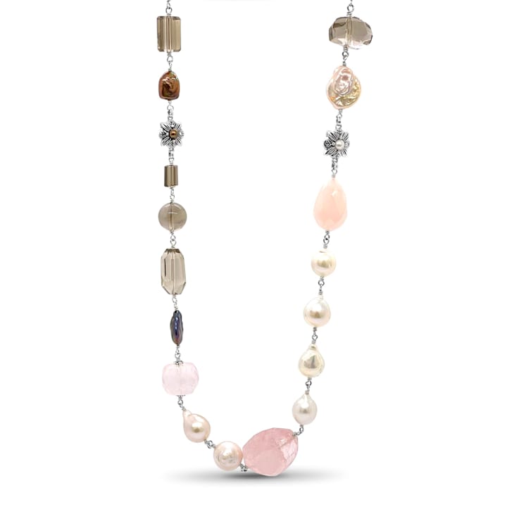Stephen Dweck Multi Hued Baroque and Keshi Pearls Smoky and Rose Quartz Necklace Sterling Silver 1J4B7C