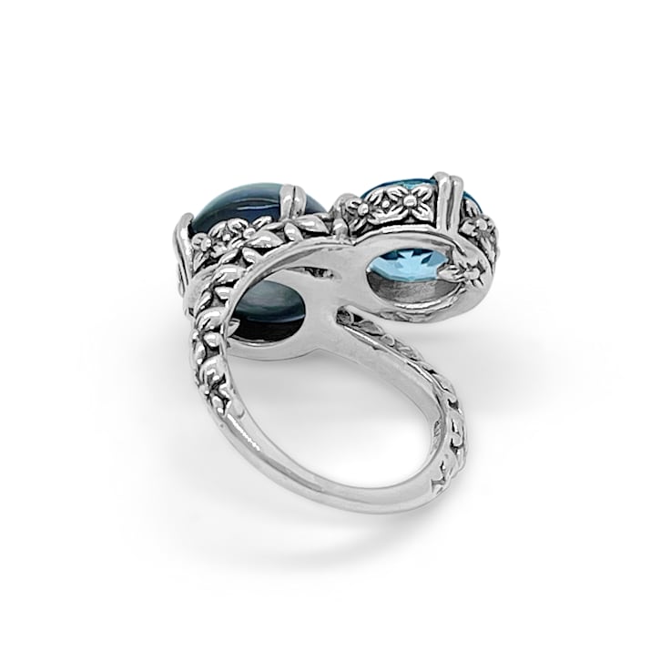 Stephen Dweck Pearl and Faceted Sky Blue Topaz Ring in Sterling Silver