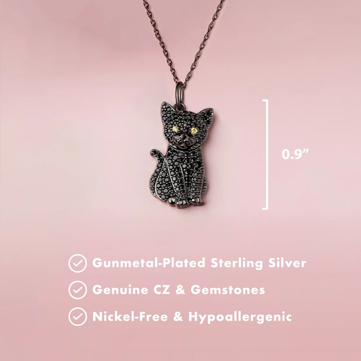 Sterling Silver Black Cat Pendant with Chain - 15YN1A