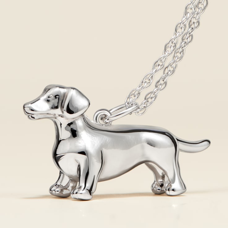 Rhodium Over Sterling Silver Dachshund Pendant with Chain