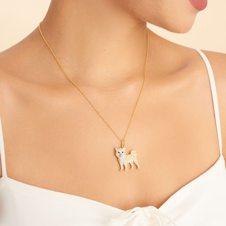 18K Tri-color Gold Over Sterling Silver Shiba Inu Pendant with Chain