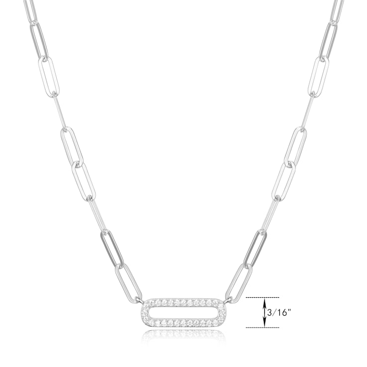 925 Sterling Silver Cubic Zirconia Lined Oval Link Paper Clip Necklace,
18" + 2" Extension