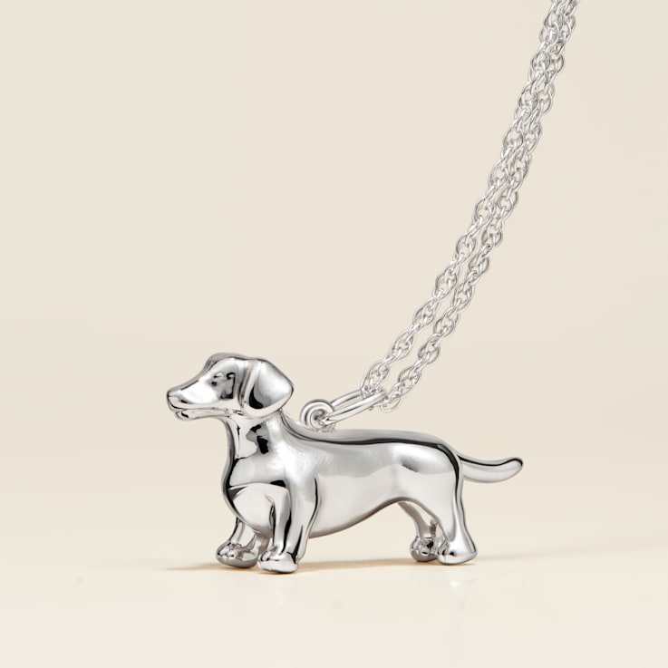 Rhodium Over Sterling Silver Dachshund Pendant with Chain