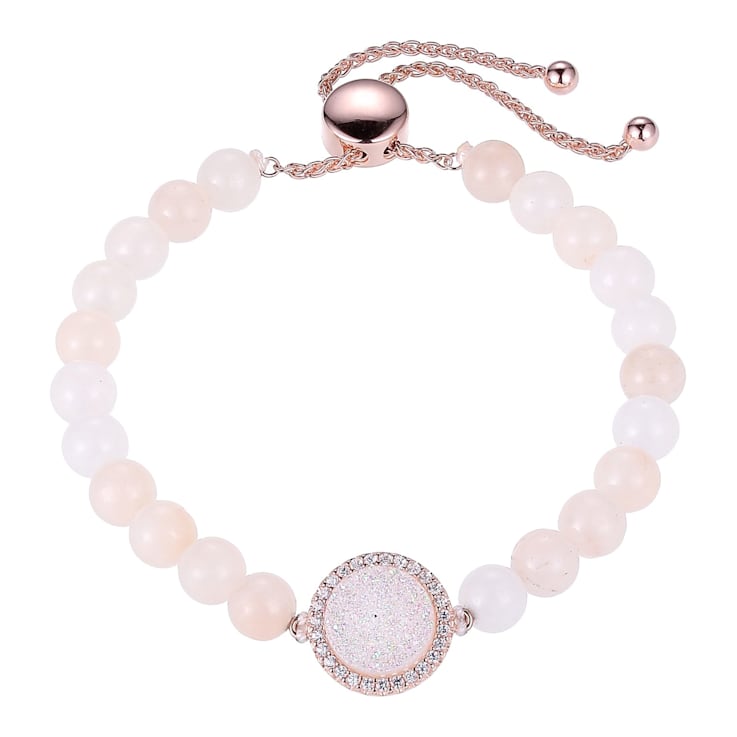 SILVER/ROSE GOLD PLATE PINK AVENTURINE BEADS WITH CREATED WHITE SAPPHIRE
AND DRUSY BOLO BRACELET