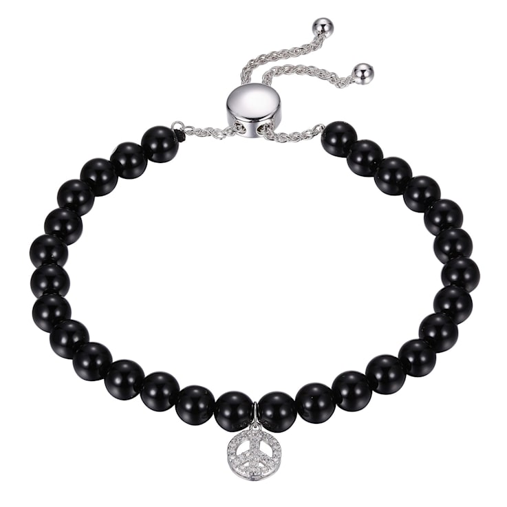 SILVER BLACK AGATE BEAD BOLO BRACELET WITH CREATED WHITE SAPPHIRE PEACE CHARM