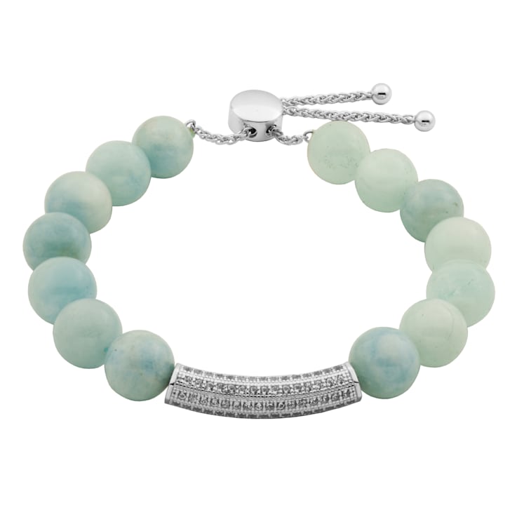 SILVER G AQUAMARINE BEAD AND CREATED WHITE SAPPHIRE BAR BOLO BRACELET