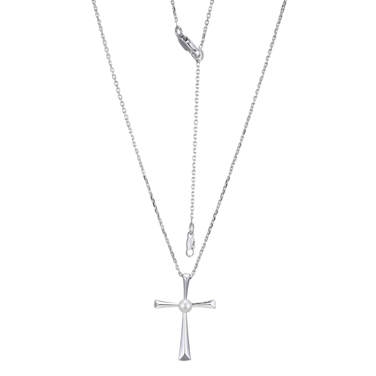 Rhodium Over Sterling Silver Cultured Freshwater Pearl Cross Pendant
with Chain
