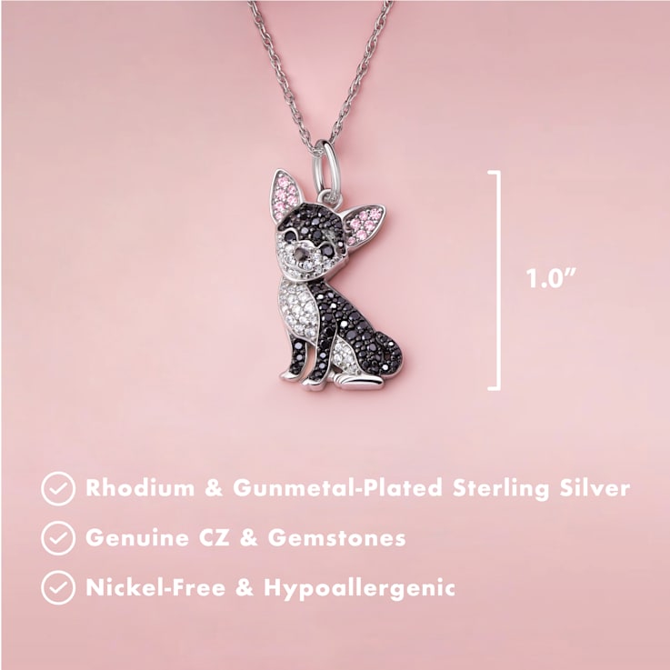 Rhodium Over Sterling Silver Two-tone Black Chihuahua Pendant with
