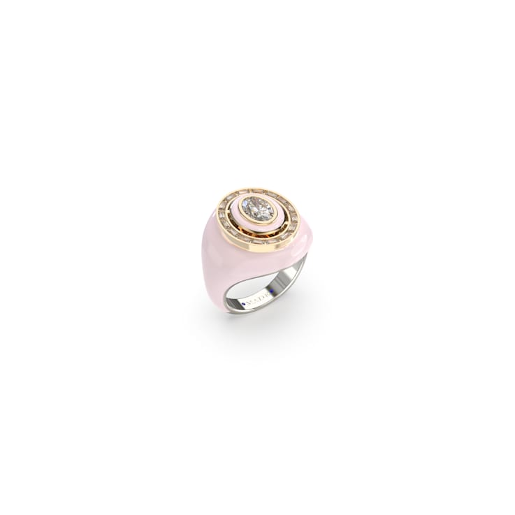 Pink Enamel and Lab Diamond Signet Ring In Sterling Silver