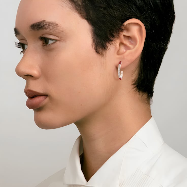 Red Enamel and Lab Grown Diamonds Hoop Earrings In Sterling Silver
