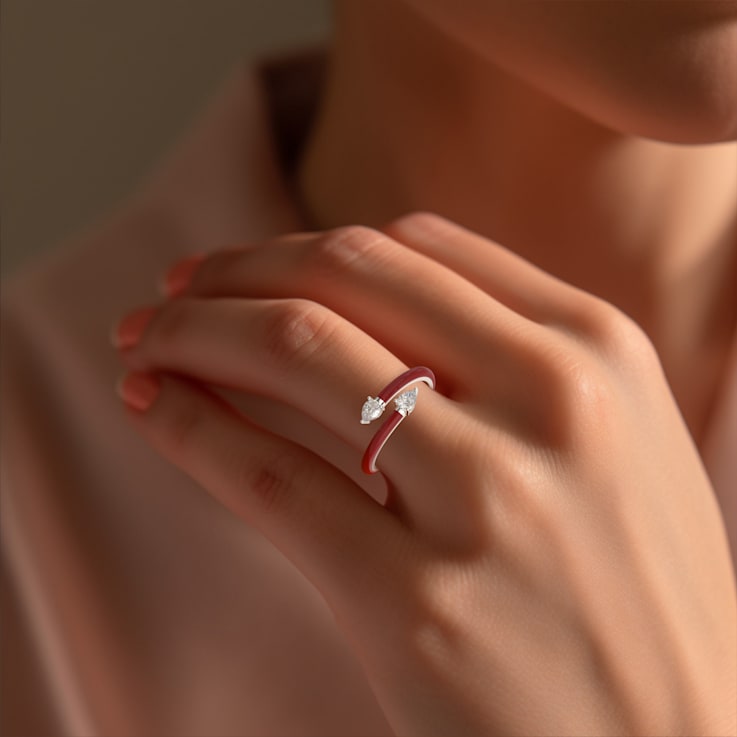 Red Enamel and Lab Diamond Open Ring In Sterling Silver