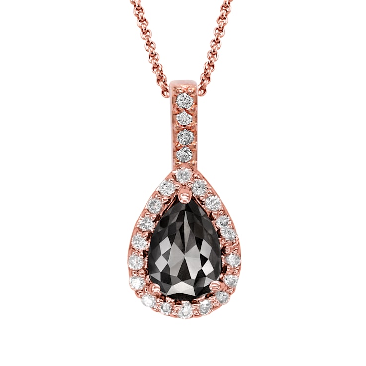 Black and White Diamond Halo Pendant With Chain Pear Drop in 14K Rose
Gold With Chain (1.41 Cttw)