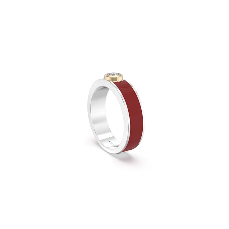 Red Enamel and Lab Diamond Ring In Sterling Silver