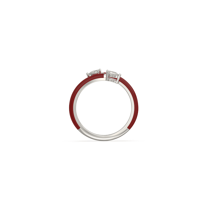 Red Enamel and Lab Diamond Open Ring In Sterling Silver